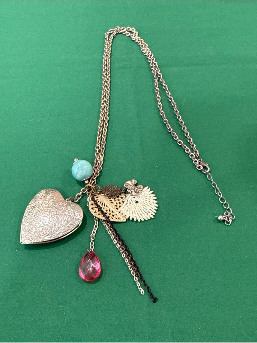 Silver-Tone Heart Locket Pendant Necklace w/ Pink Teardrop &Turquoise Bead. 48F